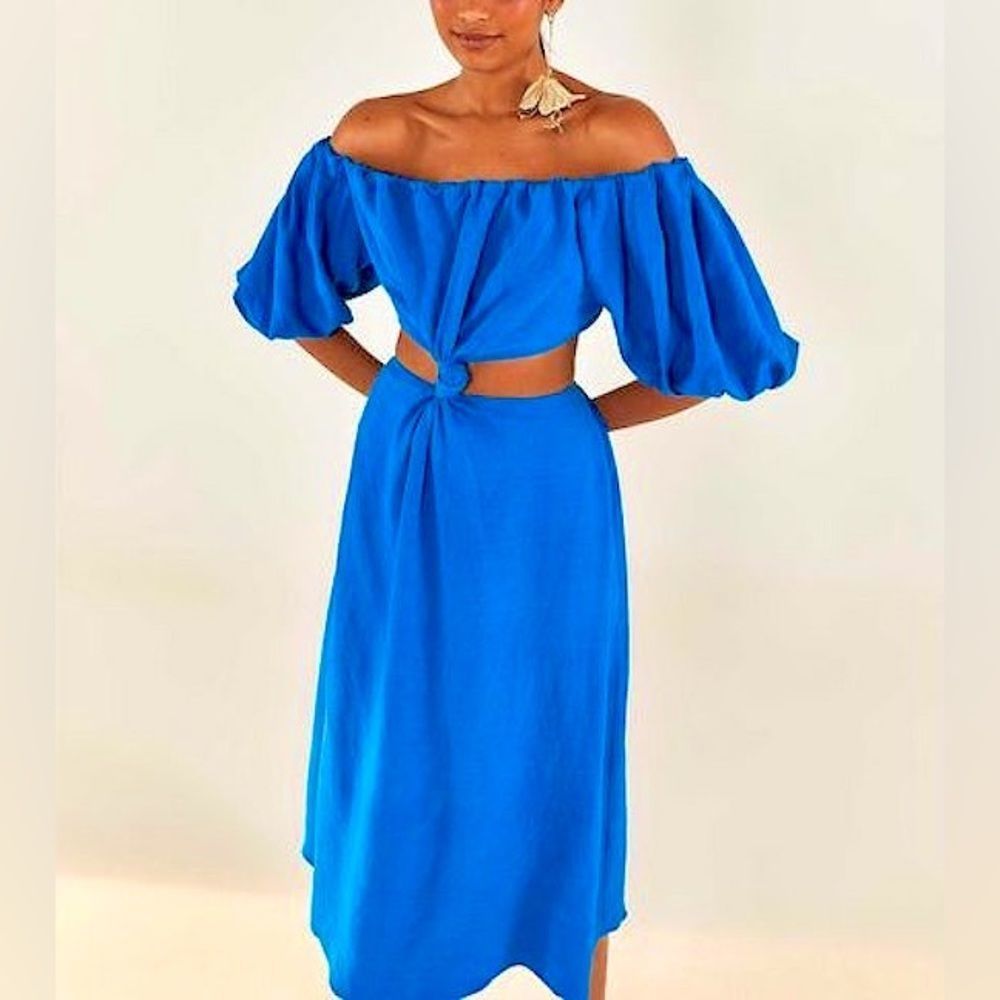 Farm Rio Knotted Cut Out Linen Blend Midi Dress